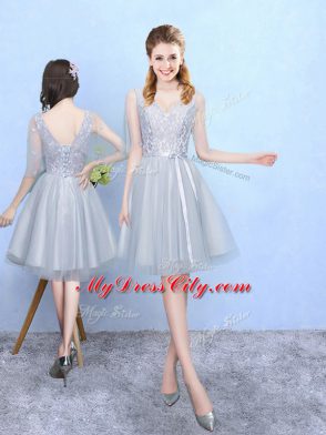 Nice Silver Half Sleeves Lace Knee Length Wedding Party Dress