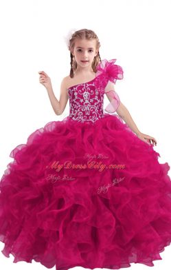 Ball Gowns Little Girls Pageant Dress Wholesale Fuchsia One Shoulder Organza Sleeveless Floor Length Lace Up