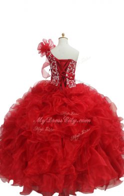 Ball Gowns Little Girls Pageant Dress Wholesale Fuchsia One Shoulder Organza Sleeveless Floor Length Lace Up
