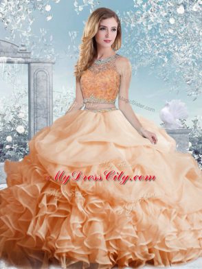 Peach Sleeveless Beading and Ruffles and Pick Ups Floor Length Quinceanera Dresses