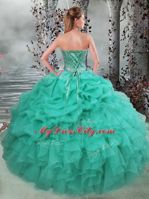 Turquoise Ball Gowns Sweetheart Sleeveless Organza Floor Length Lace Up Beading and Ruffles 15th Birthday Dress
