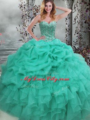 Turquoise Ball Gowns Sweetheart Sleeveless Organza Floor Length Lace Up Beading and Ruffles 15th Birthday Dress