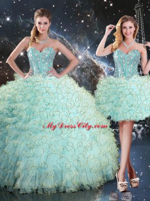 Inexpensive Turquoise Sweetheart Lace Up Beading and Ruffles Sweet 16 Quinceanera Dress Sleeveless