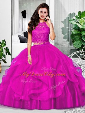 Sophisticated Lace and Ruffles Ball Gown Prom Dress Fuchsia Zipper Sleeveless Floor Length