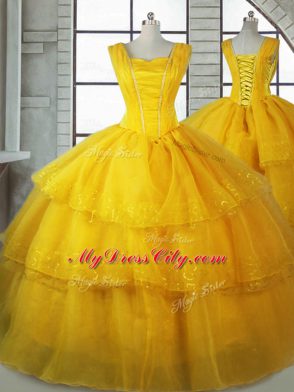 Stunning Straps Sleeveless Ball Gown Prom Dress Floor Length Ruffled Layers Gold Organza