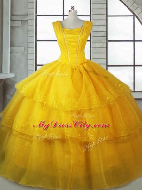 Stunning Straps Sleeveless Ball Gown Prom Dress Floor Length Ruffled Layers Gold Organza