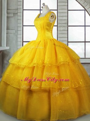 Stunning Straps Sleeveless Ball Gown Prom Dress Floor Length Ruffled Layers Gold Organza