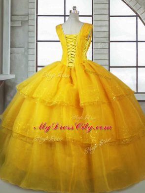Stunning Straps Sleeveless Ball Gown Prom Dress Floor Length Ruffled Layers Gold Organza