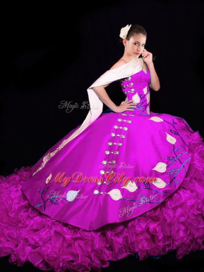 Ball Gowns Sleeveless Fuchsia Vestidos de Quinceanera Brush Train Lace Up