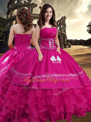 Decent Hot Pink Strapless Zipper Embroidery and Ruffled Layers Sweet 16 Dress Sleeveless