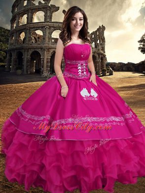 Decent Hot Pink Strapless Zipper Embroidery and Ruffled Layers Sweet 16 Dress Sleeveless