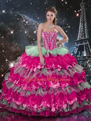Beautiful Multi-color Lace Up Sweetheart Beading and Ruffles Quince Ball Gowns Organza Sleeveless