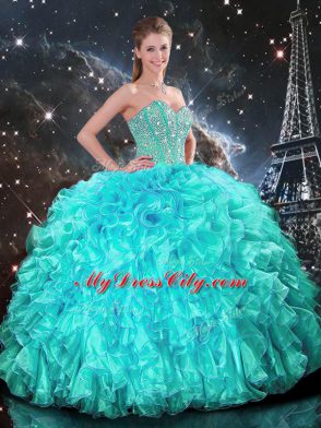Best Aqua Blue Sweetheart Lace Up Beading and Ruffles 15 Quinceanera Dress Sleeveless
