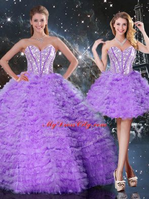 Lavender Sleeveless Organza Lace Up Ball Gown Prom Dress for Military Ball and Sweet 16 and Quinceanera