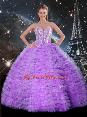Lavender Sleeveless Organza Lace Up Ball Gown Prom Dress for Military Ball and Sweet 16 and Quinceanera