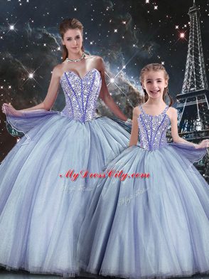 Designer Lavender Lace Up Sweetheart Beading Ball Gown Prom Dress Tulle Sleeveless