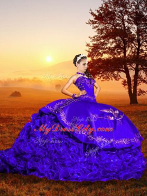 Decent Sweetheart Sleeveless Brush Train Lace Up Ball Gown Prom Dress Purple Organza