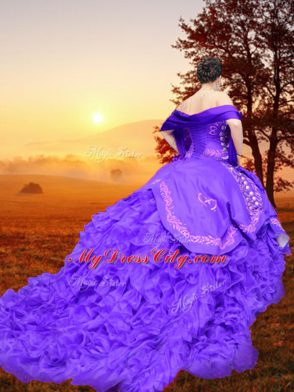 Decent Sweetheart Sleeveless Brush Train Lace Up Ball Gown Prom Dress Purple Organza