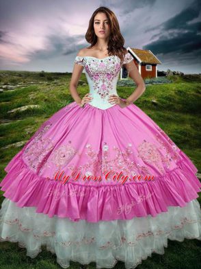 Elegant Ball Gowns Sweet 16 Dress Rose Pink Off The Shoulder Taffeta Sleeveless Floor Length Lace Up