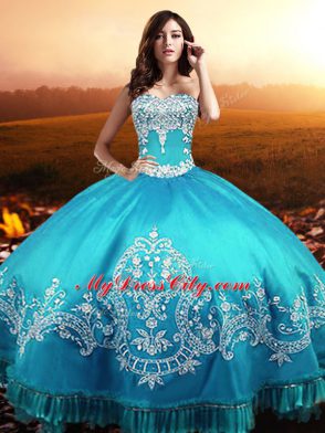 Edgy Aqua Blue Taffeta Lace Up 15th Birthday Dress Sleeveless Floor Length Beading and Appliques