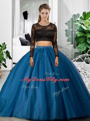Blue Long Sleeves Tulle Backless Quinceanera Dress for Military Ball and Sweet 16 and Quinceanera