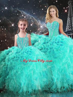 Best Turquoise Lace Up Ball Gown Prom Dress Beading and Ruffles Sleeveless Floor Length
