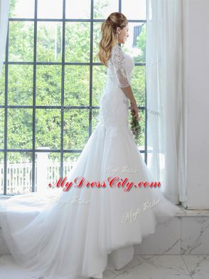 Scoop Half Sleeves Wedding Dresses Brush Train Lace White Tulle