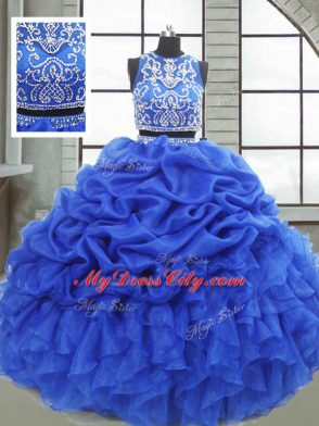 Super Royal Blue Two Pieces Organza Scoop Sleeveless Beading and Ruffles and Pick Ups Floor Length Zipper Quinceanera Gown