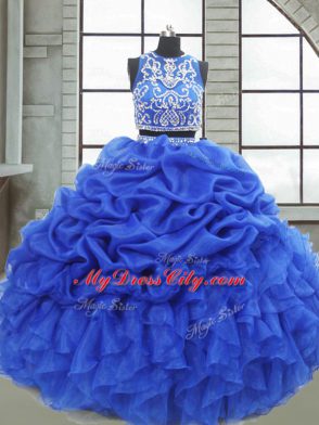Super Royal Blue Two Pieces Organza Scoop Sleeveless Beading and Ruffles and Pick Ups Floor Length Zipper Quinceanera Gown
