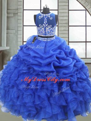 Super Royal Blue Two Pieces Organza Scoop Sleeveless Beading and Ruffles and Pick Ups Floor Length Zipper Quinceanera Gown