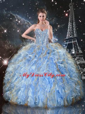 Beauteous Light Blue Sweetheart Neckline Beading and Ruffles Quinceanera Dress Sleeveless Lace Up