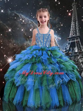 Deluxe Sweetheart Sleeveless Sweet 16 Dress Floor Length Beading and Ruffles and Ruffled Layers Multi-color Organza