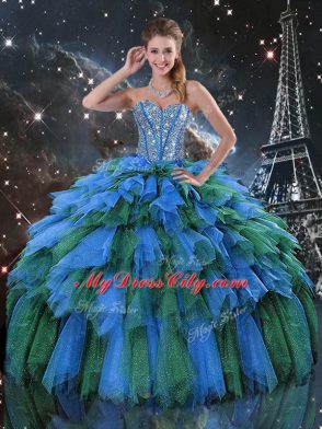 Deluxe Sweetheart Sleeveless Sweet 16 Dress Floor Length Beading and Ruffles and Ruffled Layers Multi-color Organza