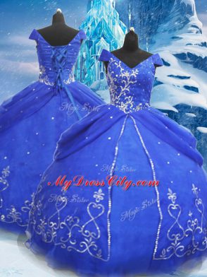 Best Short Sleeves Floor Length Beading and Appliques Lace Up Sweet 16 Dress with Blue