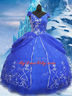 Best Short Sleeves Floor Length Beading and Appliques Lace Up Sweet 16 Dress with Blue