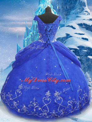 Best Short Sleeves Floor Length Beading and Appliques Lace Up Sweet 16 Dress with Blue