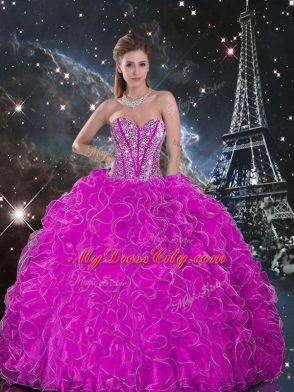 Organza Sweetheart Sleeveless Lace Up Beading and Ruffles Sweet 16 Dress in Fuchsia