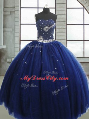 Popular Sleeveless Tulle Floor Length Lace Up Quinceanera Gowns in Navy Blue with Beading