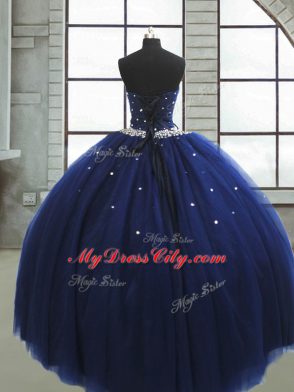 Popular Sleeveless Tulle Floor Length Lace Up Quinceanera Gowns in Navy Blue with Beading