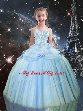 New Style Floor Length Light Blue Girls Pageant Dresses Tulle Sleeveless Beading