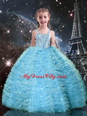 Ball Gowns Little Girl Pageant Dress Aqua Blue Straps Tulle Sleeveless Floor Length Lace Up