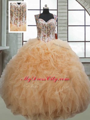 Artistic Champagne Organza Lace Up Sweetheart Sleeveless Floor Length Vestidos de Quinceanera Beading and Ruffles