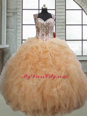 Artistic Champagne Organza Lace Up Sweetheart Sleeveless Floor Length Vestidos de Quinceanera Beading and Ruffles