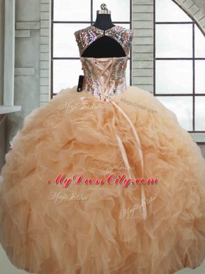 Artistic Champagne Organza Lace Up Sweetheart Sleeveless Floor Length Vestidos de Quinceanera Beading and Ruffles