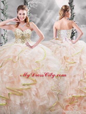 Peach Lace Up Sweetheart Beading and Ruffles Vestidos de Quinceanera Organza Sleeveless Brush Train