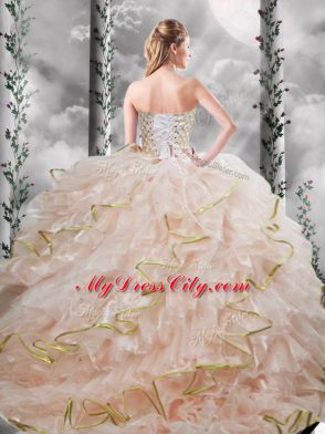 Peach Lace Up Sweetheart Beading and Ruffles Vestidos de Quinceanera Organza Sleeveless Brush Train