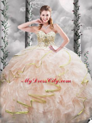 Peach Lace Up Sweetheart Beading and Ruffles Vestidos de Quinceanera Organza Sleeveless Brush Train