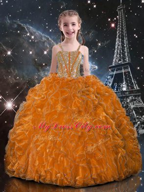 Superior Beading and Ruffles Womens Party Dresses Orange Red Lace Up Sleeveless Floor Length