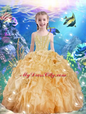 On Sale Straps Sleeveless Pageant Dress Floor Length Beading and Ruffles Champagne Organza