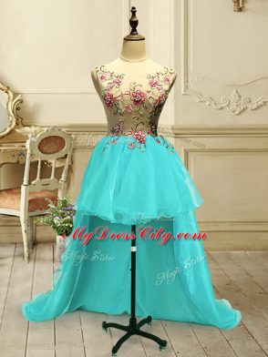 Custom Design High Low Ball Gowns Sleeveless Aqua Blue Prom Evening Gown Lace Up